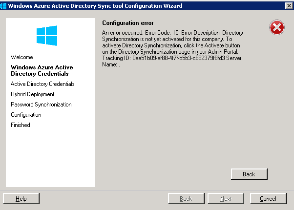 Windows Azure Active Directory Sync tool Configuration wizard