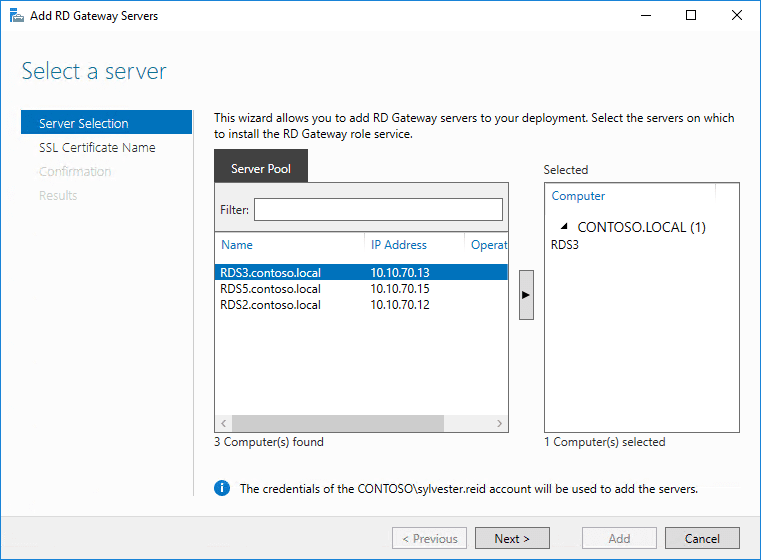 Installing RDS 2016 - Select the server from your server pool