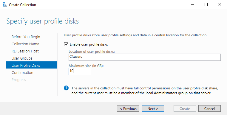 Publishing applications in RDS 2016 - Specify user profile disks