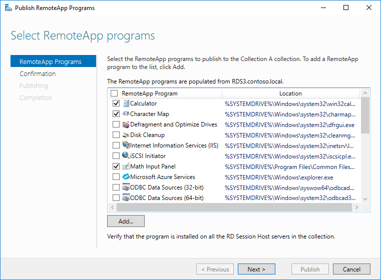 Publishing applications in RDS 2016 - Select RemoteApp programs