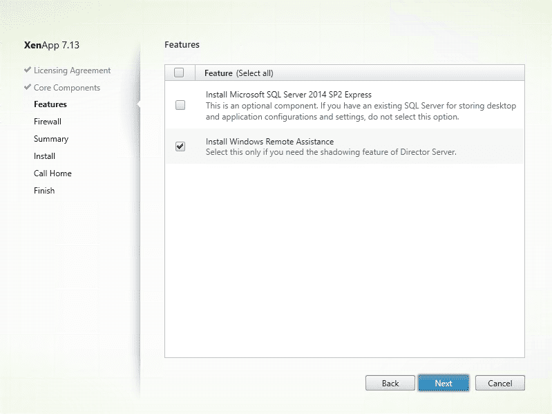 Citrix XenApp installation - Features tab
