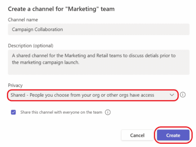 How to create a shared channel in MS Teams?